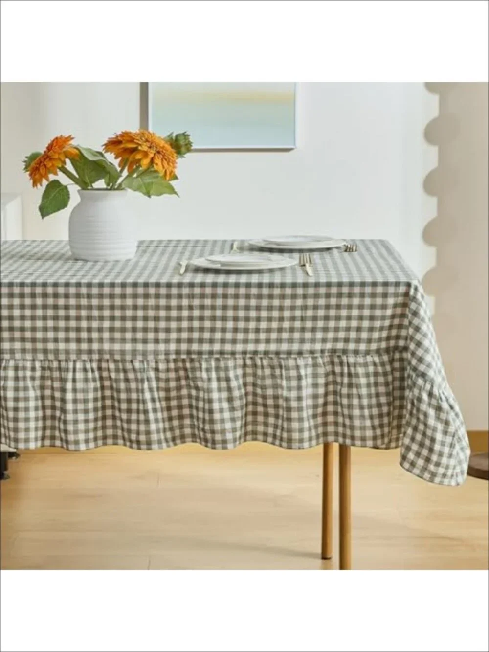 Washed Cotton Tablecloth Gingham Check Ruffled Dining Kitchen